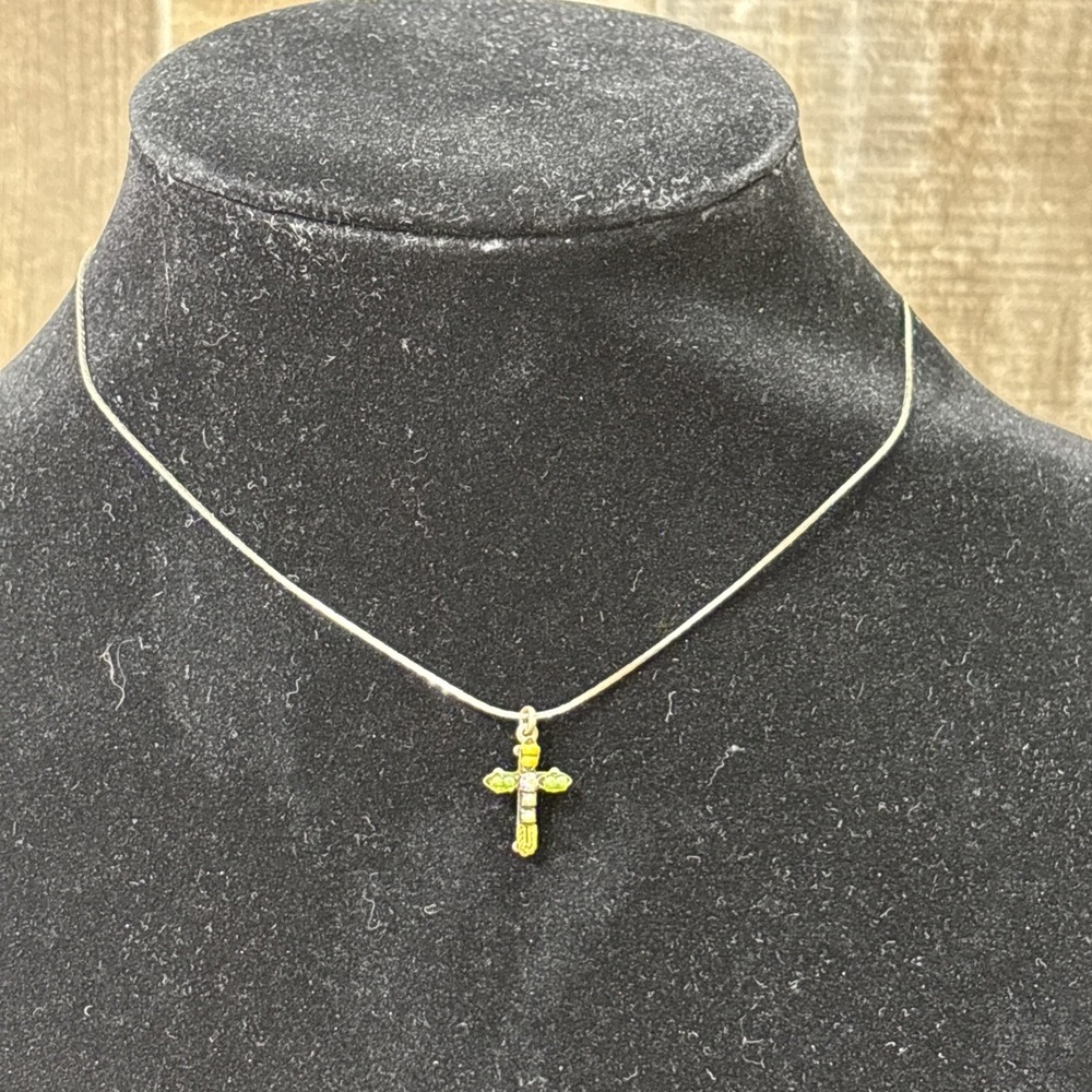 Ayala Bar Mosaic Cross Necklace Swarovski Crystal Beaded Silver Tone Handmade
